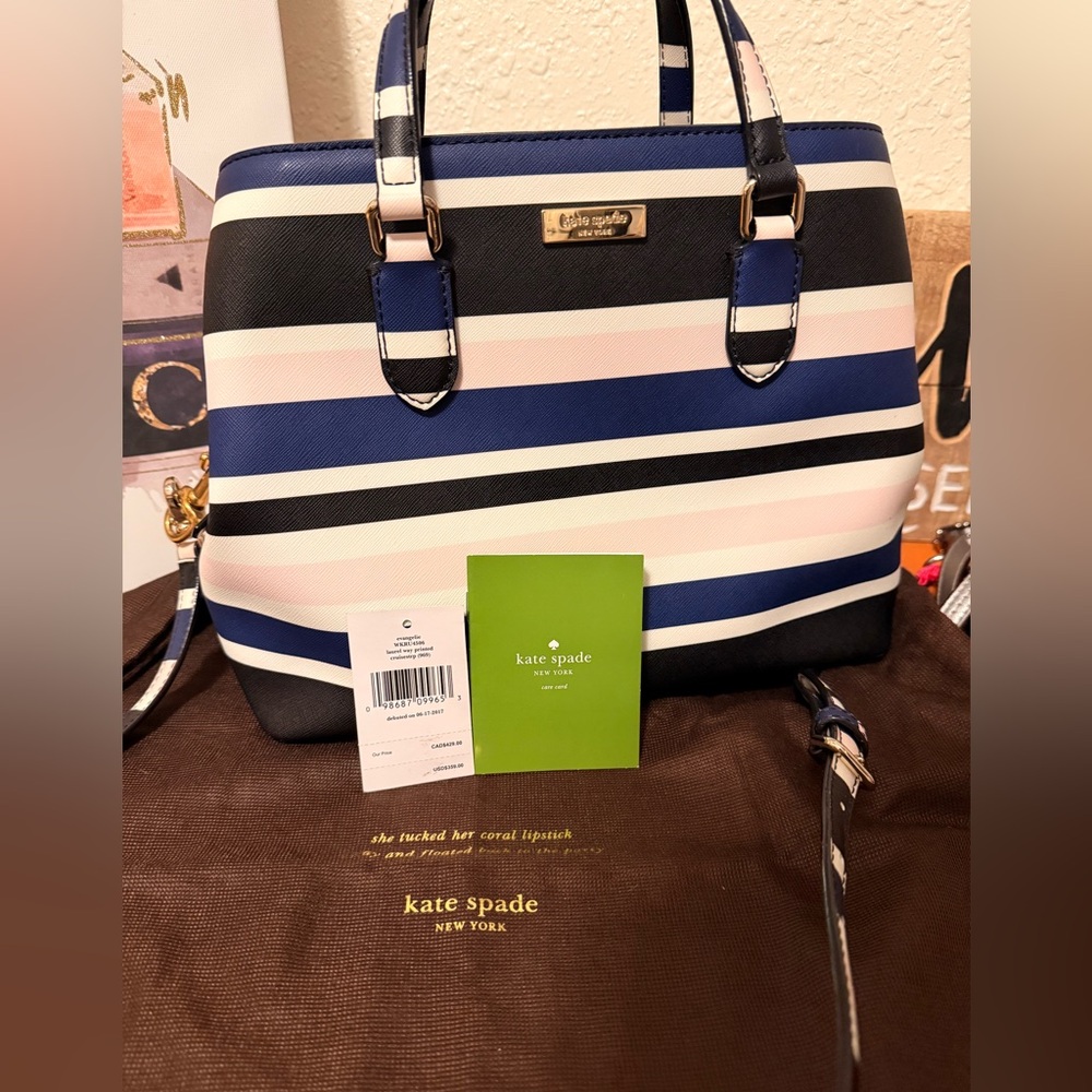NWT Kate Spade Navy, Black & Pink Striped Satchel/ Crossbody